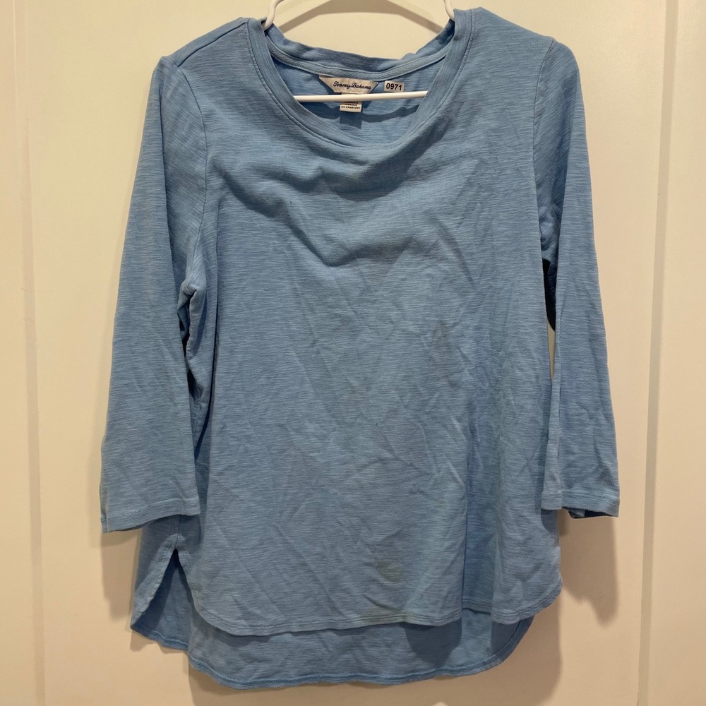 Tommy Bahama Womens Large Blue Cotton Slub 3/4 Sleeve High Low Hem T-Shirt Tee‎